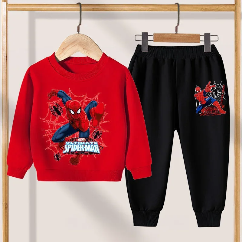 ディズニーカジュアルスウェットボーイズ幼児漫画服新しいクルーネックスパイダーマンプリントプルオーバーパンツ 2 個長袖ジャージ