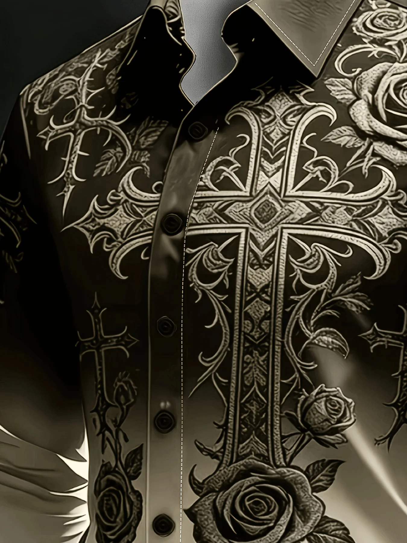 Men Long Sleeve Button Down Shirt Black Beige Gradient Cross Rose Gothic Print Polyester Lapel Collar Party