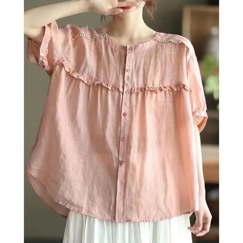 

Свободный хлопковый льняной женский летний топ ort Sve Doll irt, удобный дышащий, обычный крой, круглый, на пуговицах