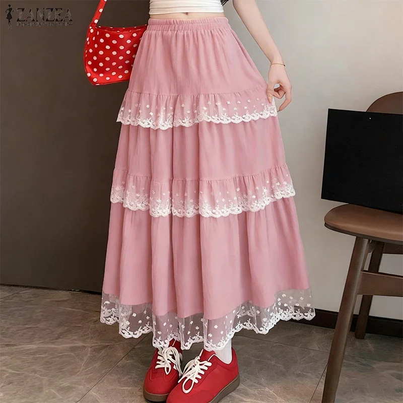 ZANZEA Fashion Women Lace Skirts 2026 Autumn High Waist Patchwork Ruffled Elastic Waist Jupes Faldas Saia Oversize Maxi Bottoms