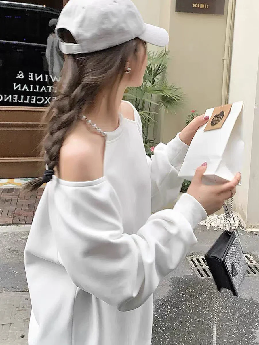 

plus Size Pearl Chain Shoulder Bared Long Sleeve Sweatshirt Women's Spring Summer Medium Length Loose Casual Top Fatmm Specia...