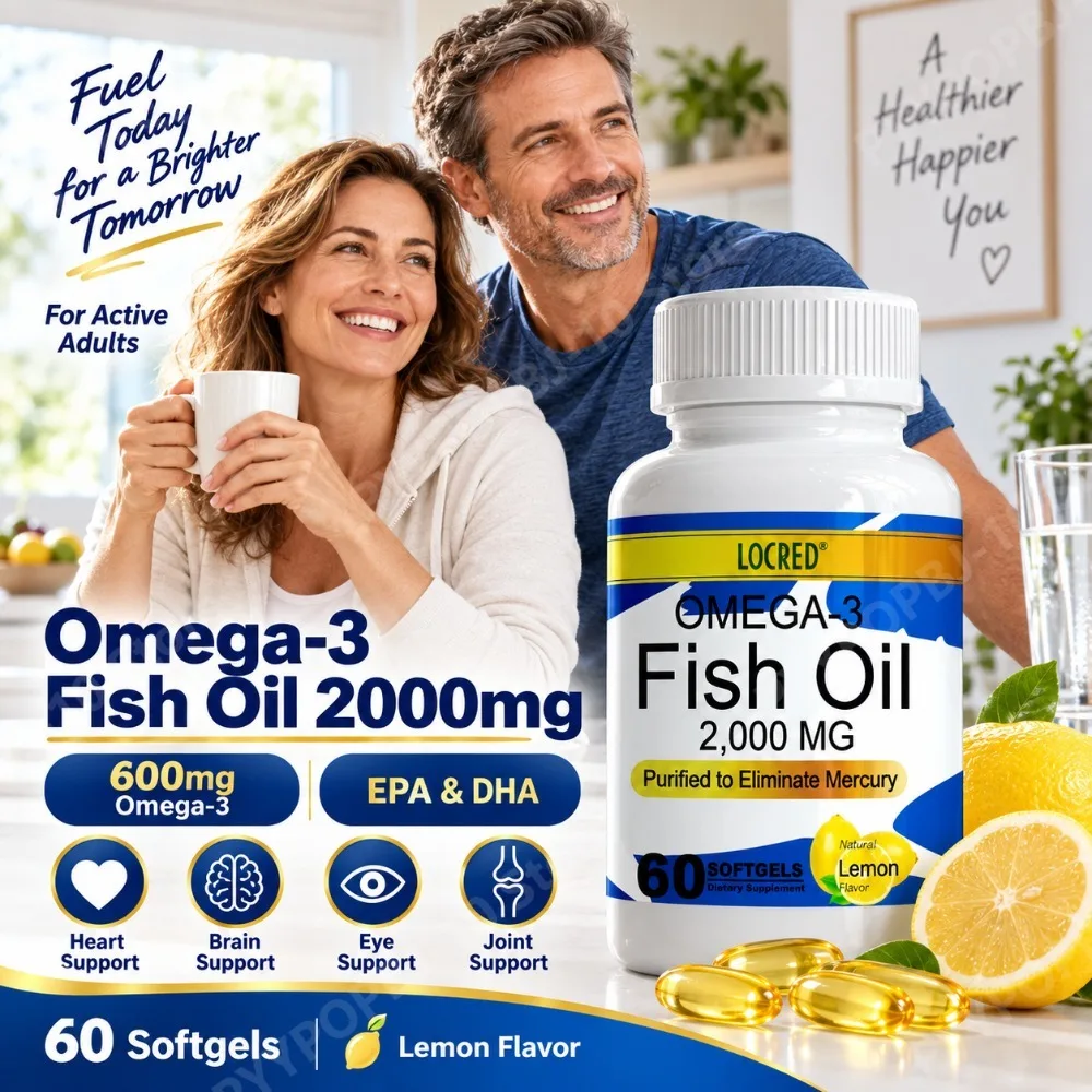 Omega 3 Fish Oil 2000mg Softgels with 600mg Omega-3, EPA & DHA for Heart, Brain, Eye & Joint Support, Lemon Flavor, 60 Count