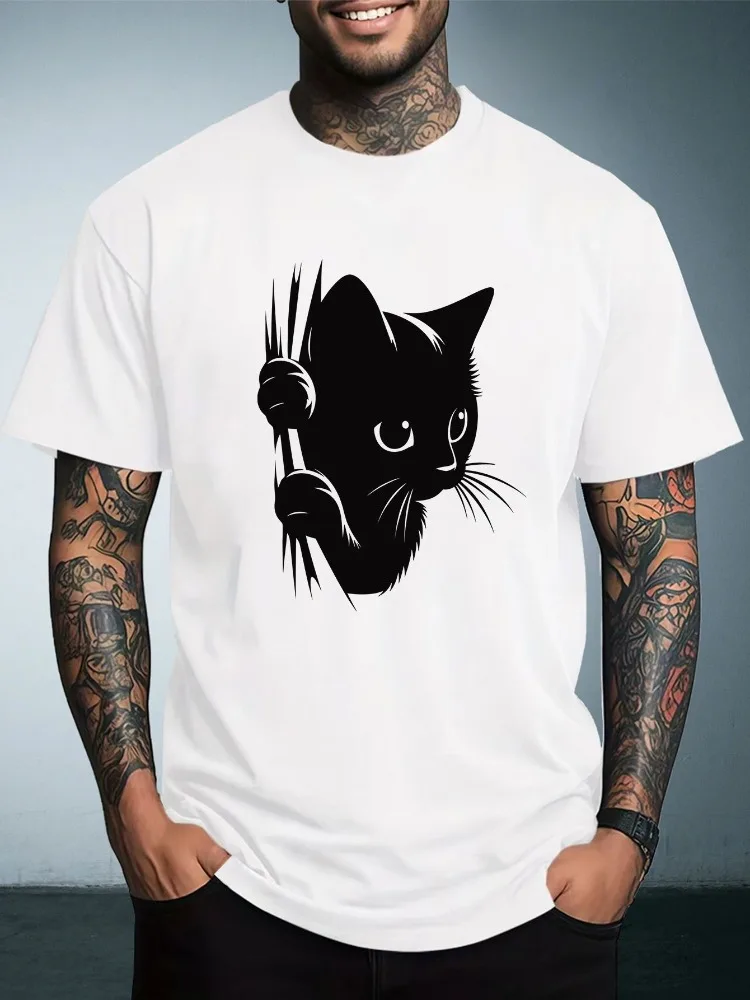 Men Summer Crew Neck T Shirt Cute Black Cat Claw Scratch Silhouette Graphic Loose Short Sleeve Casual Streetwear Daily Tops