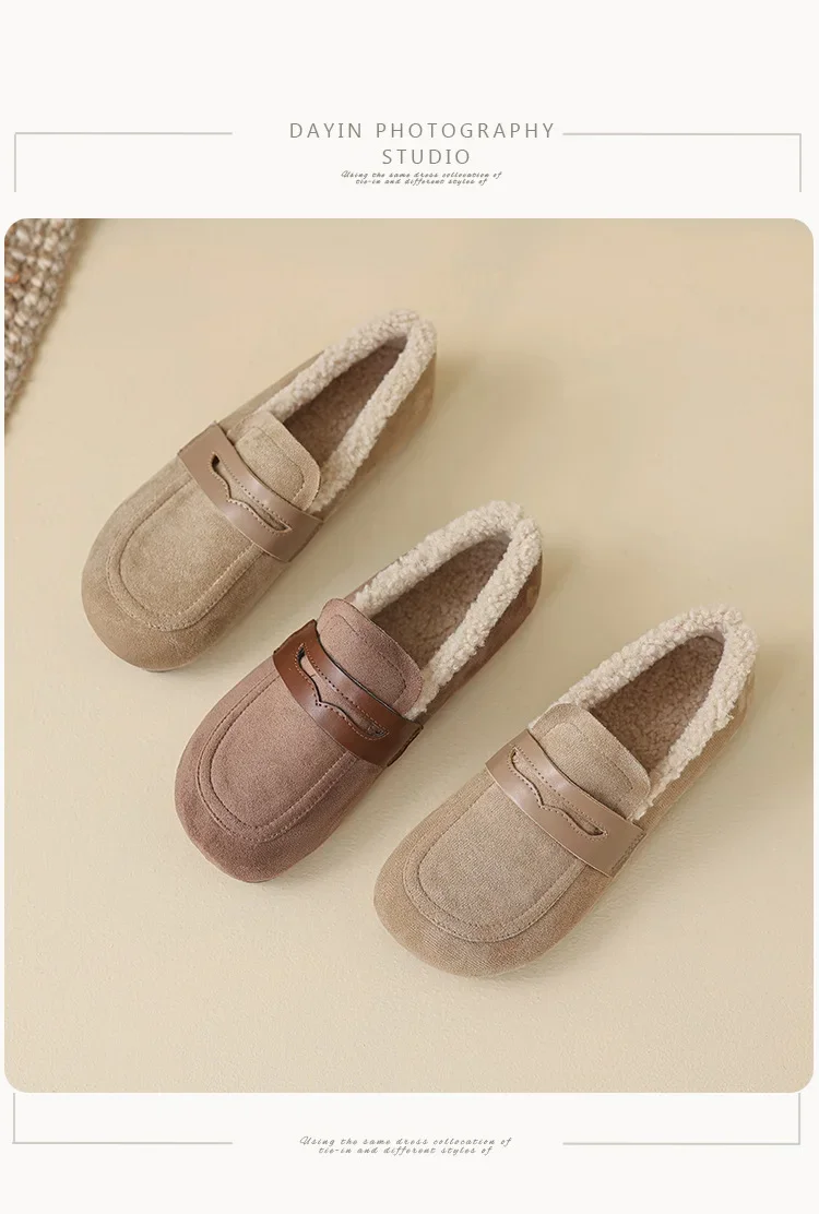 Lässige Flache Schuhe aus Lammwolle für Damen, Schuhe mit Obermaterial aus Flock, Winter-Loafer mit breiter, quadratischer Zehenpartie, Pelz-Mokasins für Damen, mit Baumwollfutter, Schafsfell-Stiefel – Detail 4