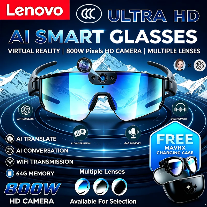 Lenovo Windproof 800w Camera Photo AI Smart Glasses 1080P Video Anti-shake Cycling Sport Sunglasses ChatGPT DualMic 32GB Goggle