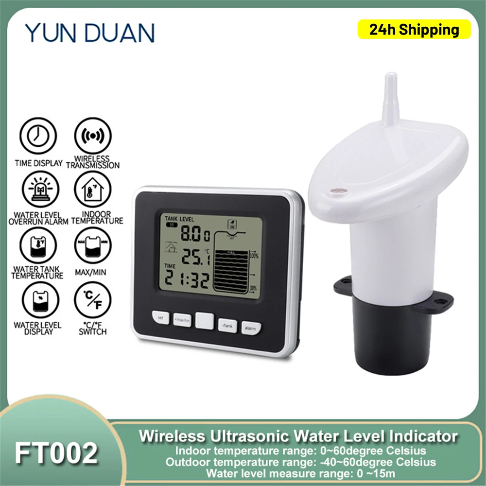 Wireless Ultrasonic Water Level Indicator Gauge Water Tank Sensor Liquid Level Sensor Temperature Meter Wireless Depth Gauge