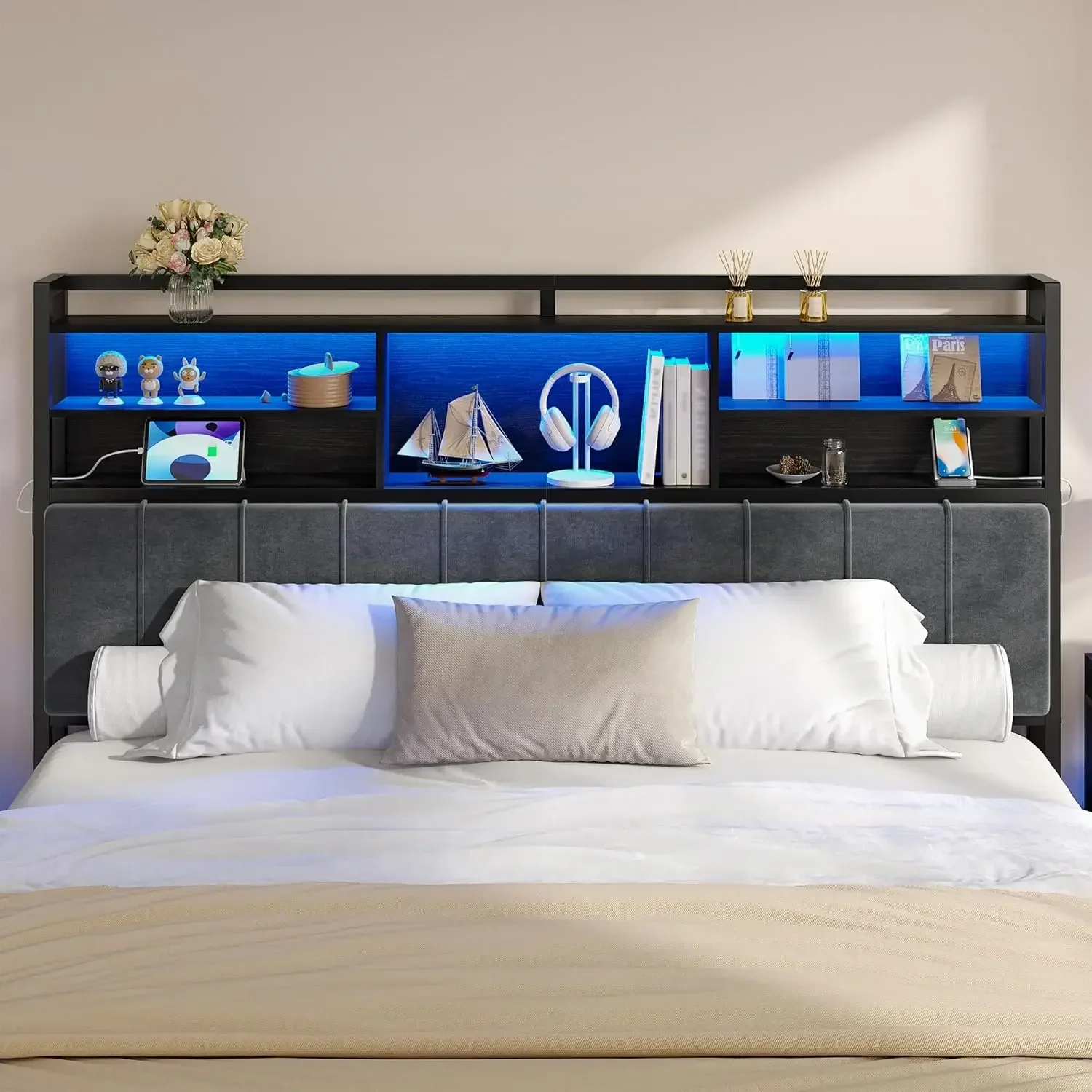 Headboard with 3-Tier Storage Shelves, Velvet Upholstered Head Board with 2 Outlets, USB Ports & LED Light, Soft Backrest for Ki - view 3