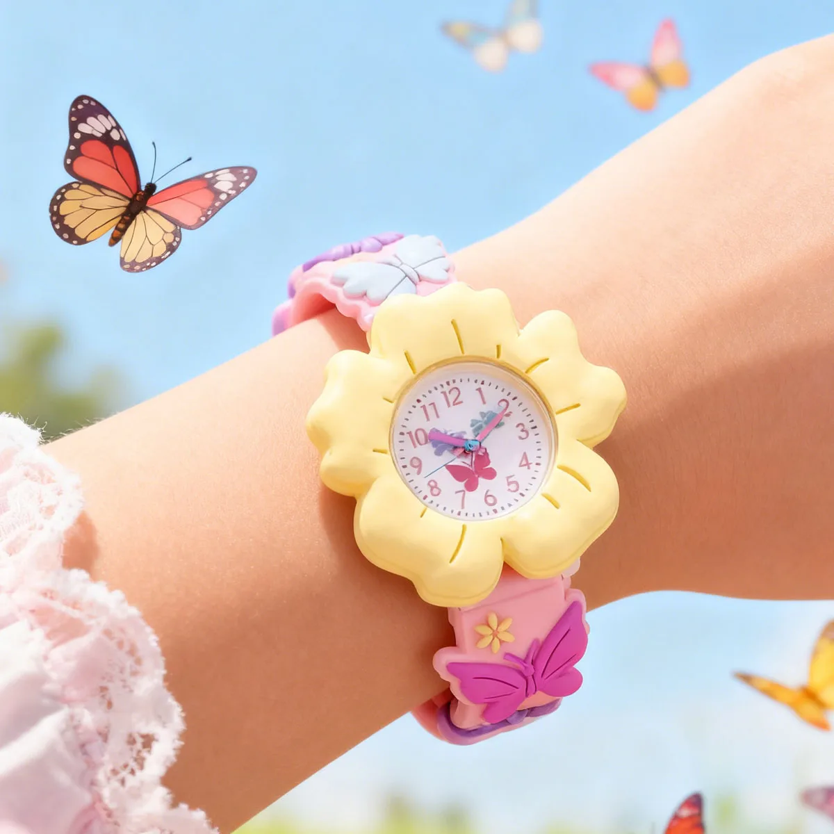 1 pezzo: simpatico orologio al quarzo colorato con fiore di farfalla, versatile orologio da cartone animato per studenti e bambini
