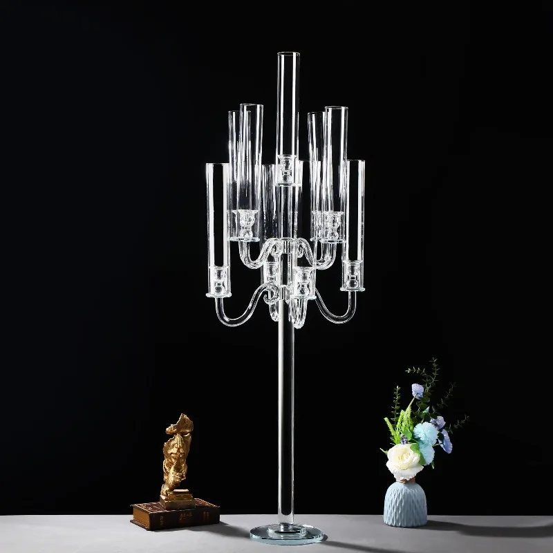 9 /5 Head Tall Candle Holder Glass Crystal Candelabra Wedding Decoration Table Centerpiece Candle Holder Stand