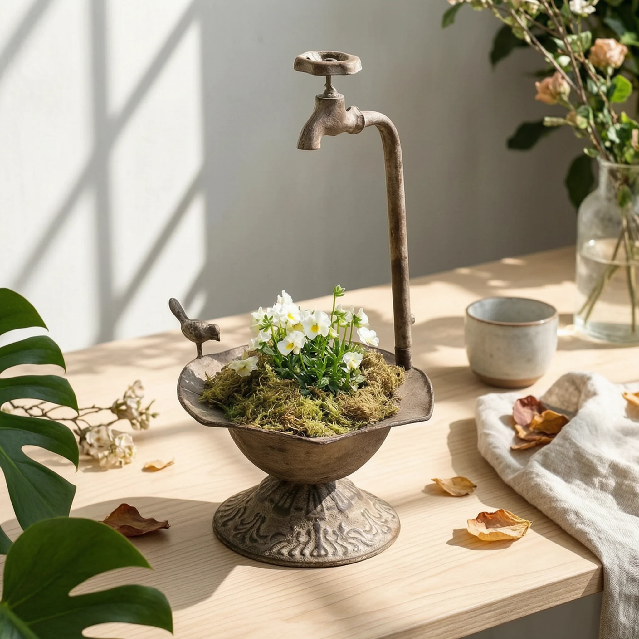 Flower Vessel with Faucet Embossed Pedestal Planter Bowl Bowl Planter with Stand Decorative Plant Pot Chinese Style