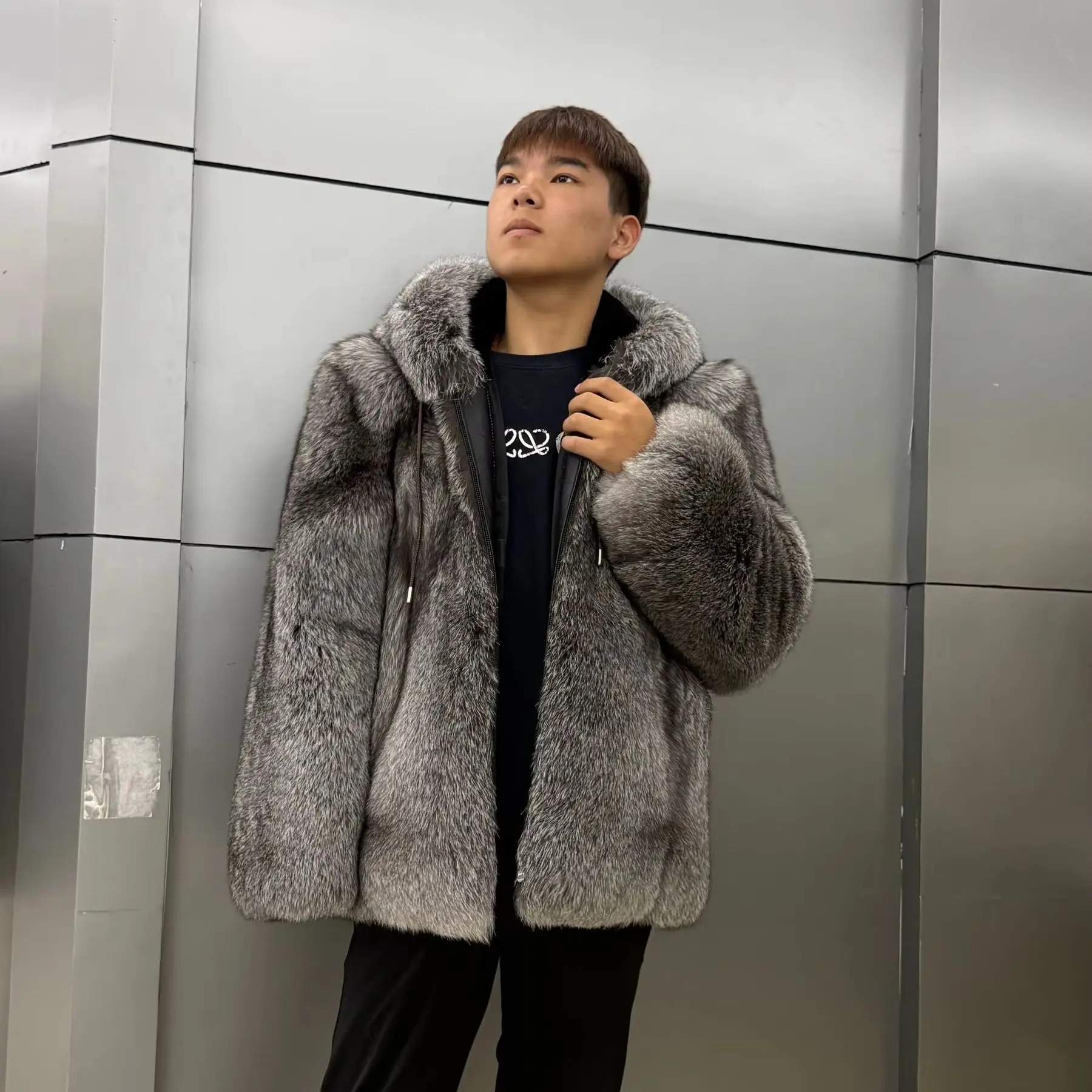 Luxury Natural Fox Fur Men's Jackets And Light Coats Real Fur Hooded Zip-Up Mens Winter Coat Warm Windproof Casual Men's Clothes