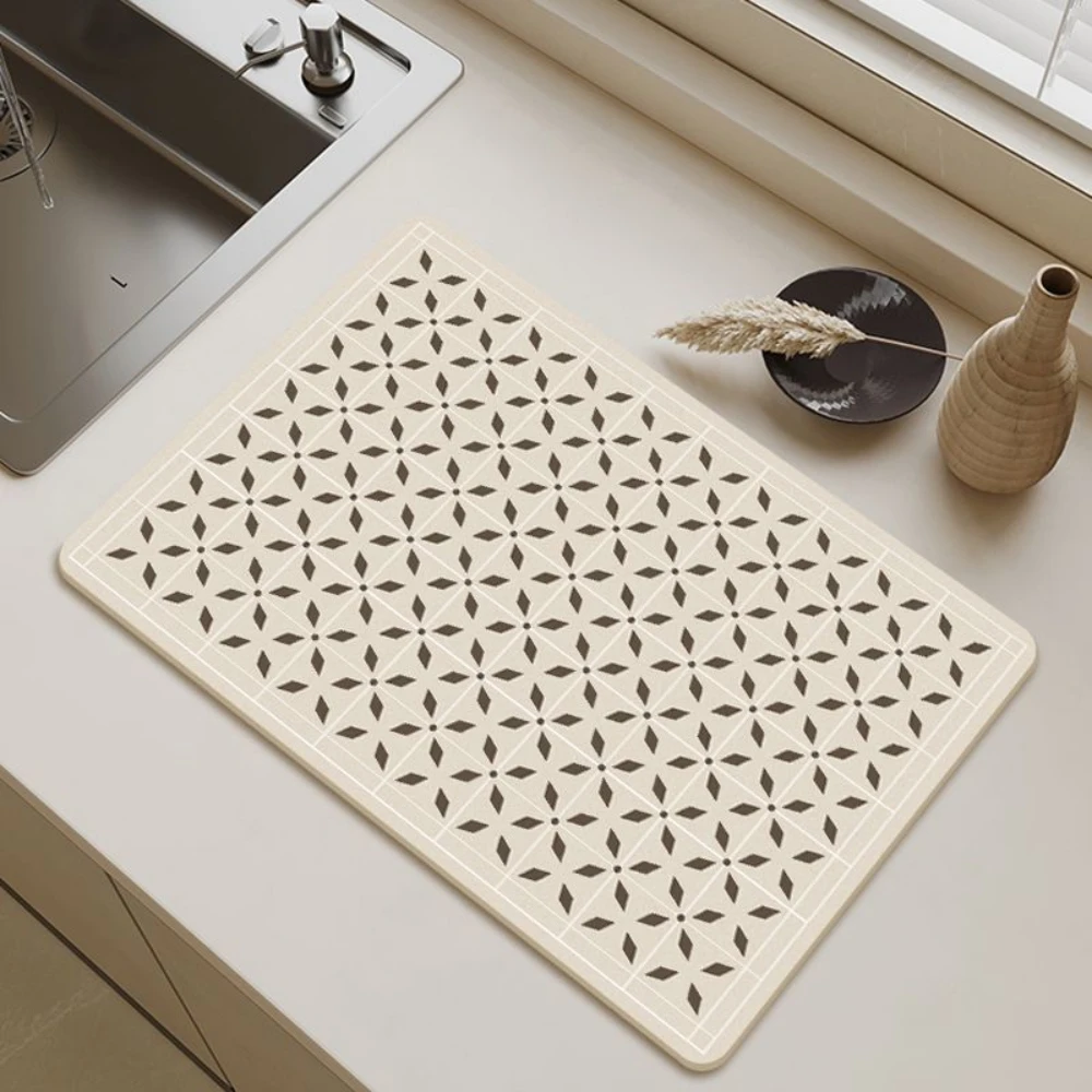 Kitchen Dish Drying Mat with Beige Geometric Print Non-slip Quick Dry Pad for Sink Countertop Coffee Utensils Glassware
