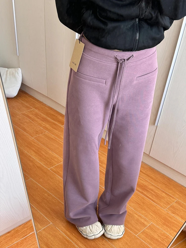 Pantaloni casual foderati in Fce con coltello piegato a banana viola Pantaloni larghi a gamba larga autunno inverno da donna Pantaloni drappeggiati fino al pavimento