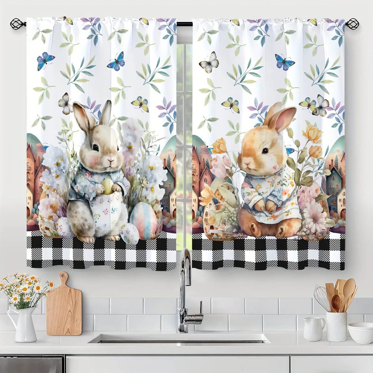 

Cartoon Butterfly Bunny Easter Cute Print Curtain Rod Pocket Bedroom Living Room Dining Room Holiday Decorative Curtain 2 Pieces