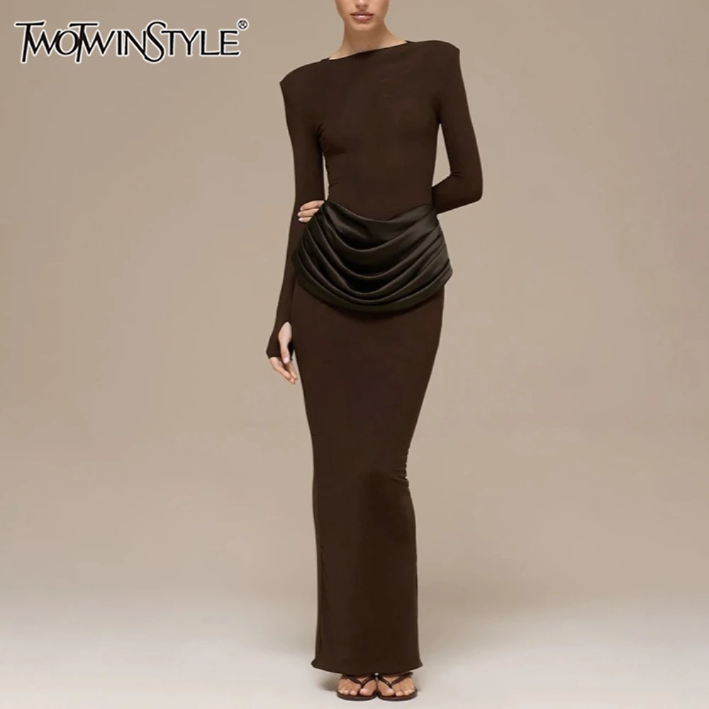 TWOTWINSTYLE Eleganter Stil Bleistiftkleider für Frauen O-Ausschnitt Schulter Pud Langarm Hohe Taille Plissee Schlankes Maxikleid Weiblich