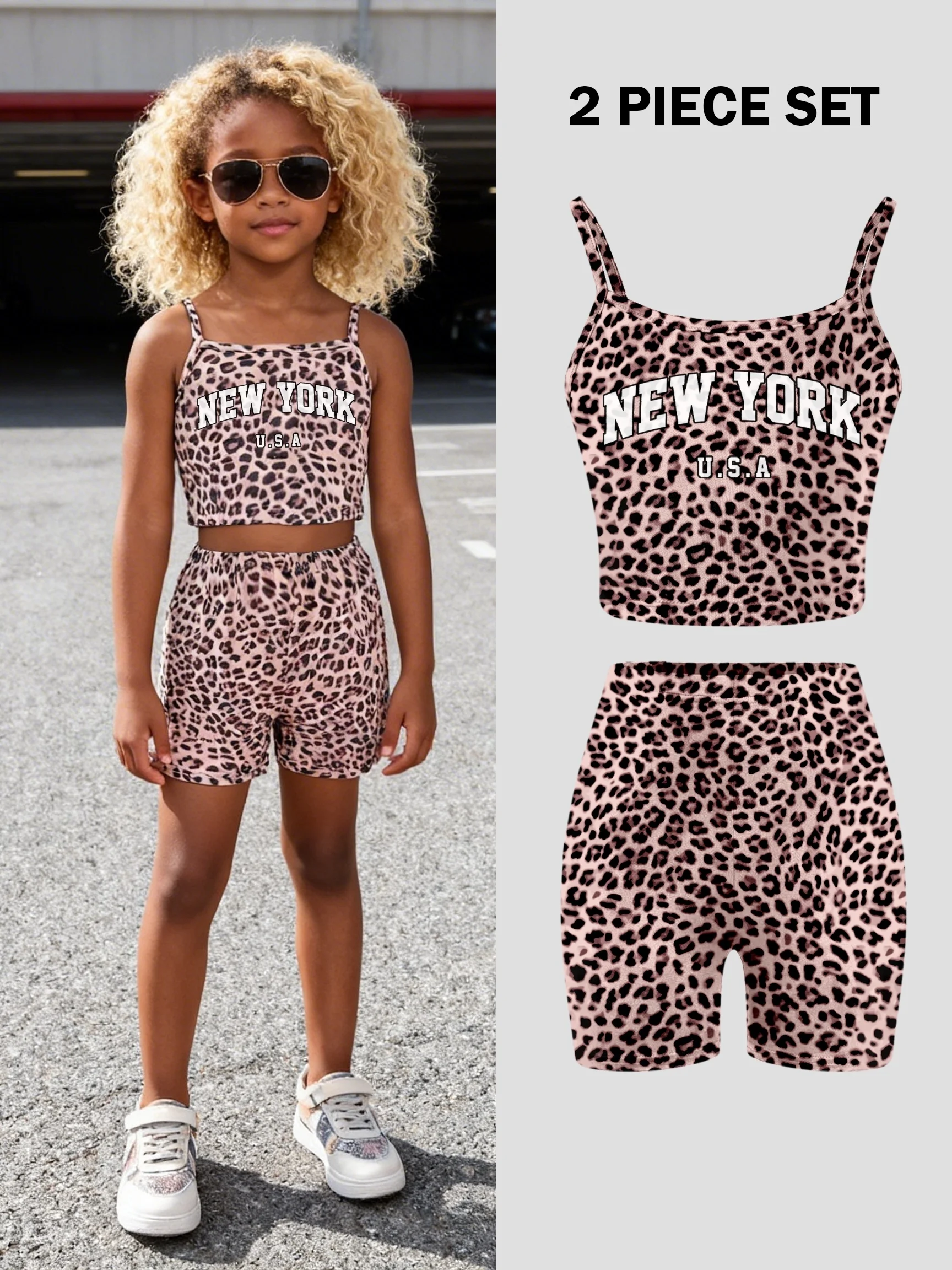 Conjunto informal para niñas: Camisola con estampado de leopardo color caqui + pantalones cortos ajustados, conjunto de dos piezas con estampado inglés blanco, adecuado para niños de 4 a 12 años, ropa versátil para el hogar y salidas.