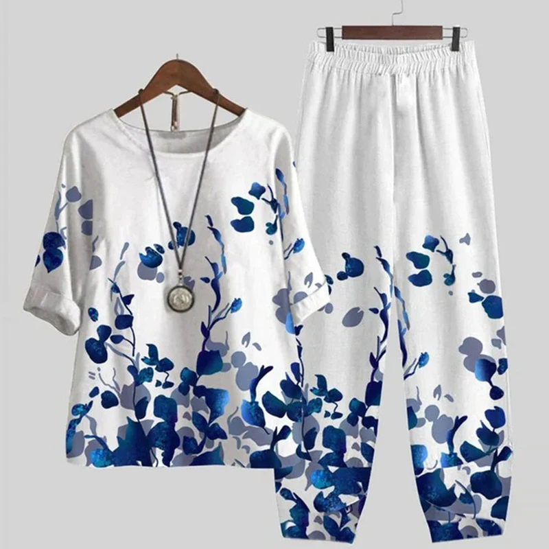 Summer Two Piece Sets Womens Outfits O Neck Flower Print Loose Short Sleeve Shirt High Waist Pants Suit 2023