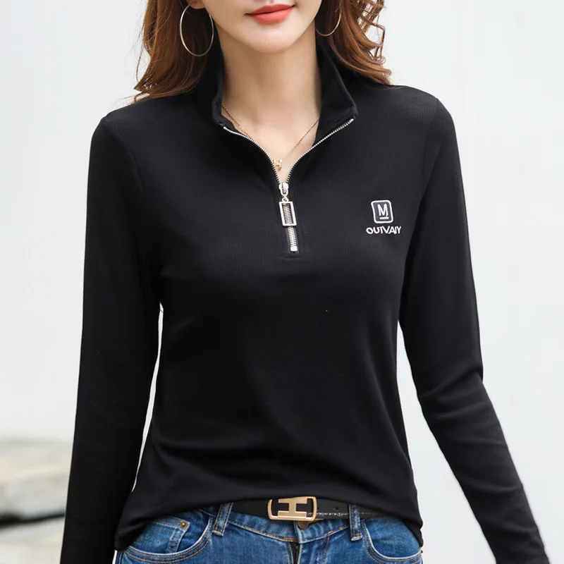 #0382 Autumn Winter Long Sleeve T Shirt Women Solid Color Embroidery Slim Cotton Turn-down Collar Office Short T Shirt Female