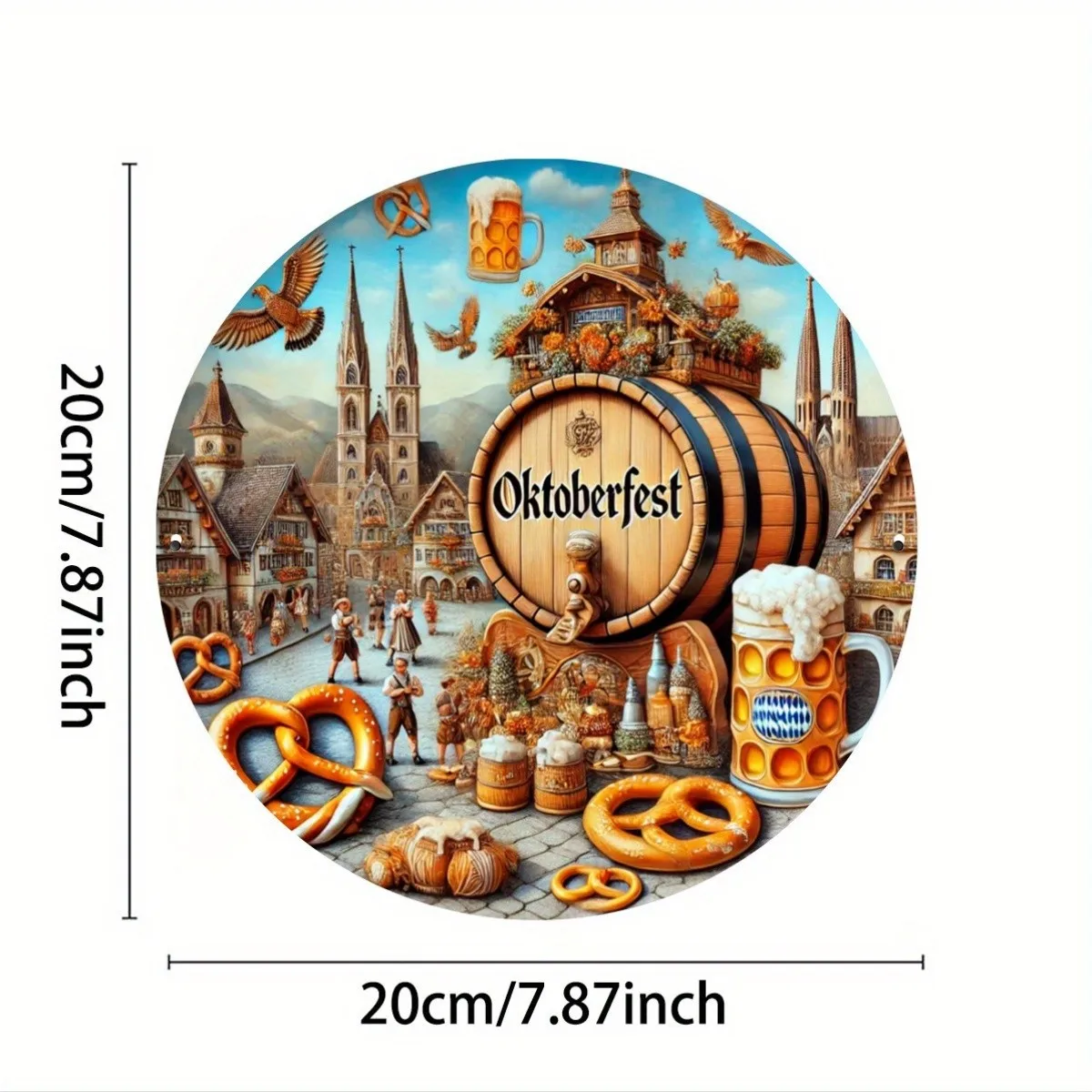 Oktoberfest Scene Round with 3D Beer Tin Metal Signs Home Décor 8x8