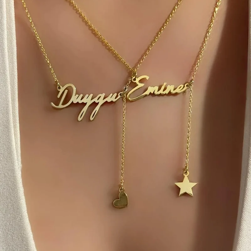 Personalized Custom Name Necklace for Women Stainless Steel Customized Hang Heart Star Pendant Necklace Christmas Jewelry Gift