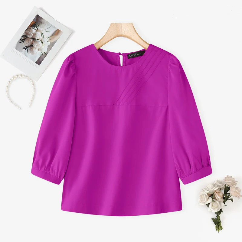 

2026 Spring Woman Casual Pintuck Blouses O-Neck Half Puff Sleeve Solid Color Short Tops ZANZEA Summer Elegant Blusas de Mujer