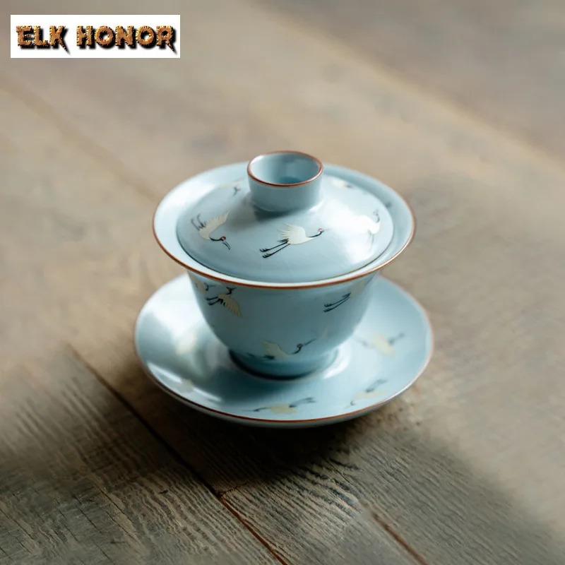 145ml Ru Kiln Return Of The Crane Three-talent Gaiwan Antique Tea Tureen Tea Bowl With Lid Kit Tea Maker Cover Bowl Cha Craft