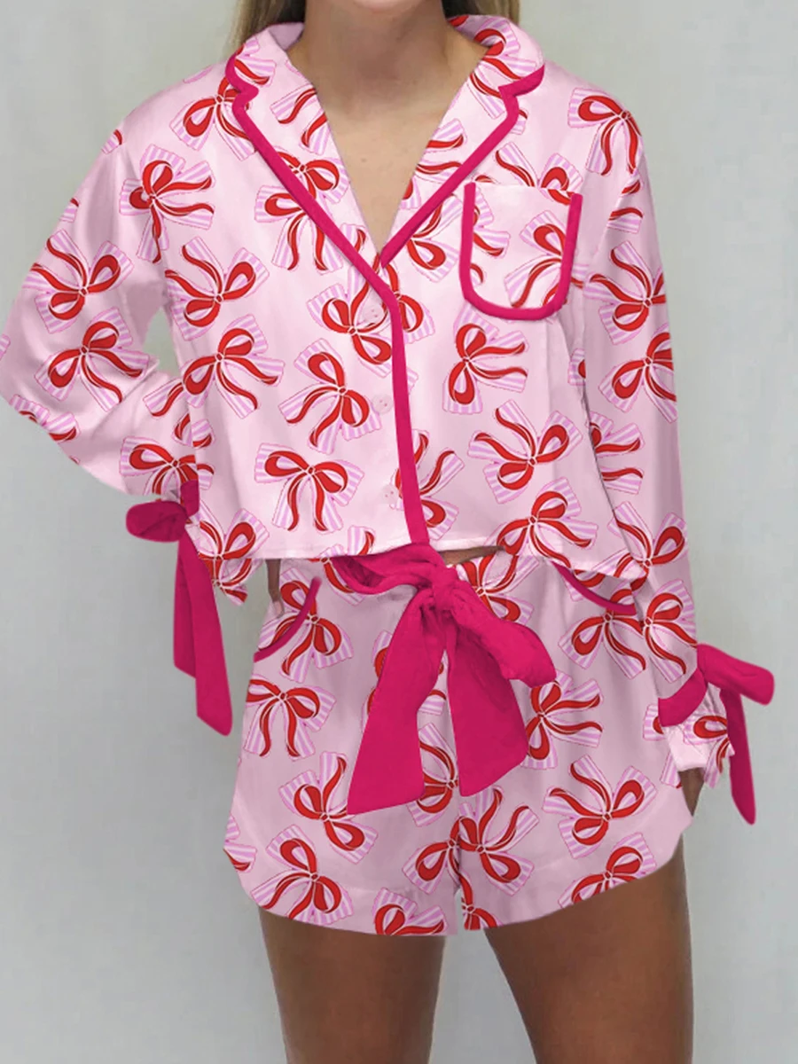 Womens Valentine Pajamas Sets Y2k Preppy Heart Print Button Down Shirt and Ruffle Shorts Cute Silk Pink Bow Tie 2Piece Sleepwear