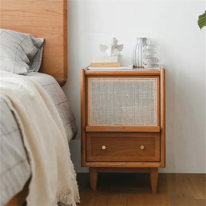 #Nordic Solid Wood Rattan Bedside Table for Bedroom Furniture Multifunctional Storage Locker Home Simple Night Stand with Drawer
