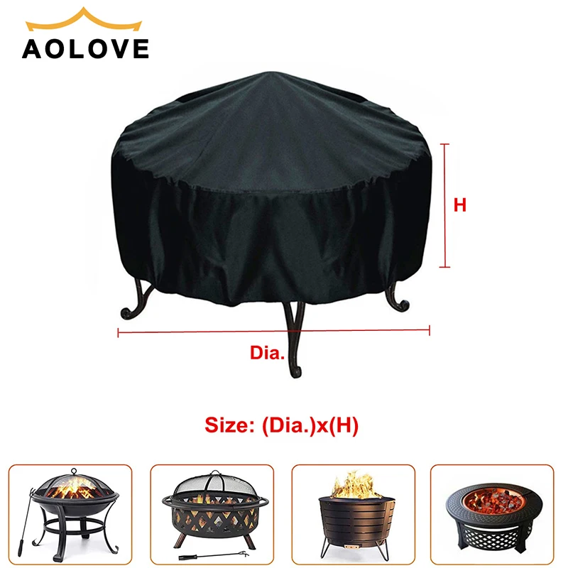 Black Waterproof Patio Fire Pit Cover Round Table Cover Round BBQ Accessories Grill Cover Anti-UV Dust Rain Barbecue Supplies