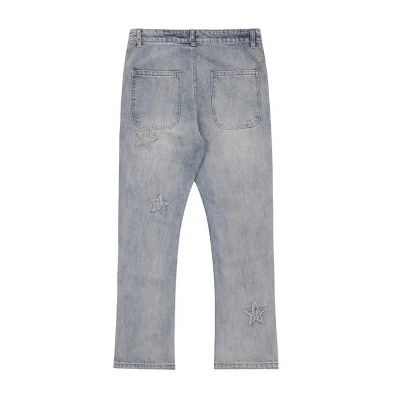 Calça masculina de perna reta bordada azul clara, bolso de botões, calça lavada, Y2K, cor sólida, A160