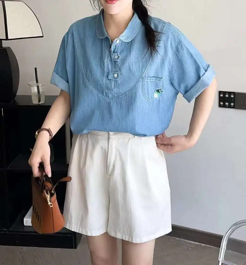 New Spring Cotton Loose Shirt Women Turn-down Collar Embroidery Top Girl Short Sleeve Casual Blouses 2024 Summer T44651QM