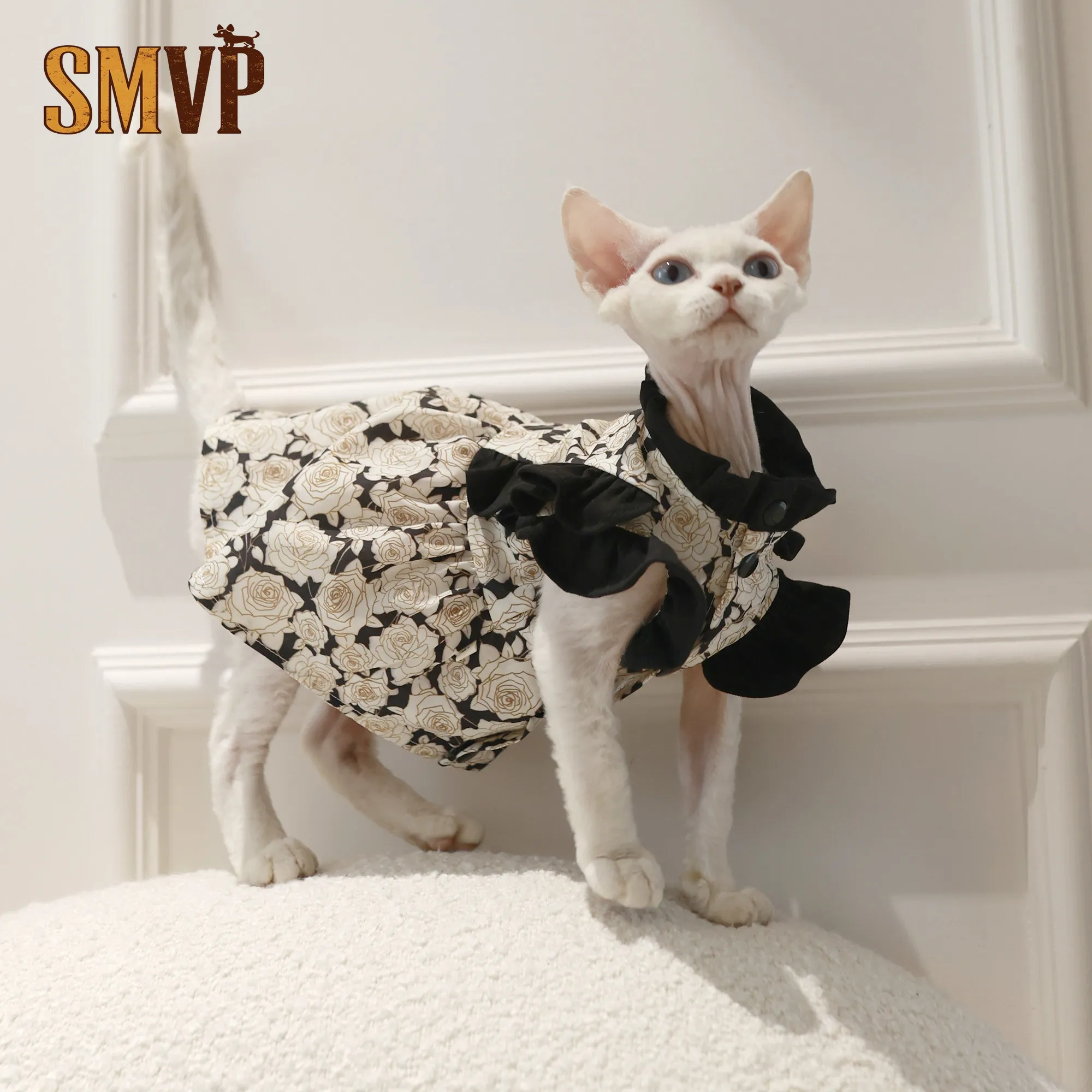 

Spring and Summer Breathable Fabric Rose Lace Black and White Color Matching Premium Cute Dress Pet Cat Small Dog Dress