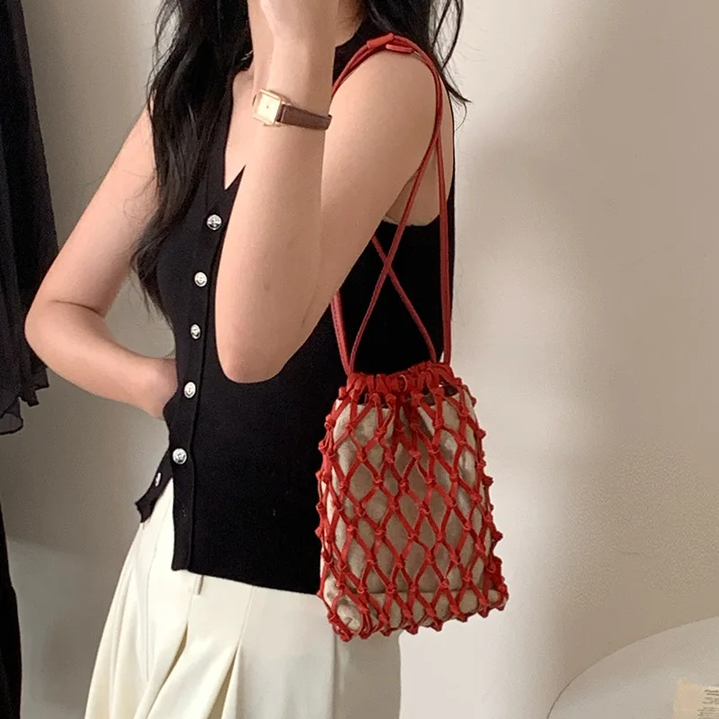 

Women Genuine Leather Woven Crossbody Bags Lady Mini Drawstring Cell Phone Shoulder Bag Fashion Cowhide Fishing Net Bag
