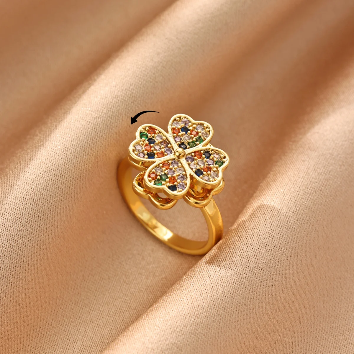 Bunter Zirkon-Herz-Kleeblatt-Offener Ring für Damen, Vergoldeter Kupfer-Ring mit Drehfunktion, Trendiger Ästhetischer Schmuck, Geschenk – Detail 5