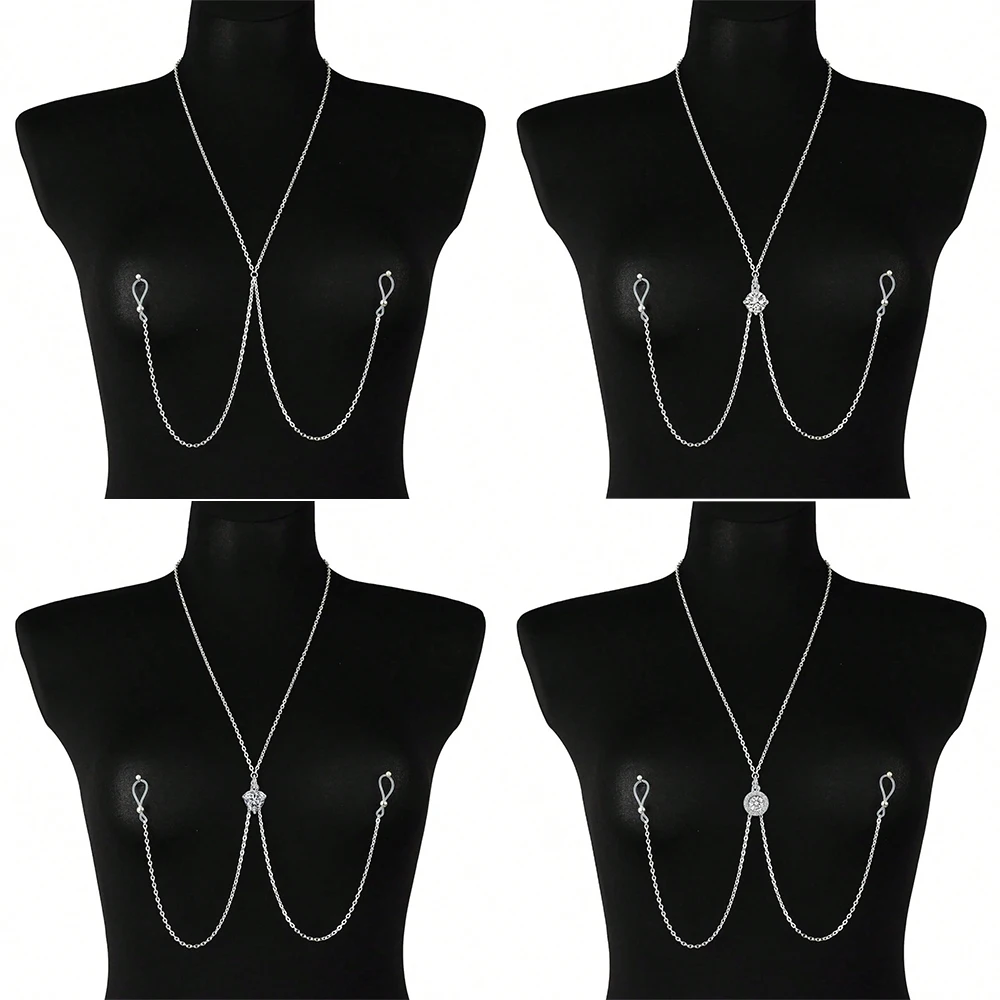 Cadena de Joyería para Pezones Sin Perforación - Piercing Falso para Pezones con Colgante de Circonita, Collar Sexy con Cadena para Pezones - Cadena Corporal Sexy