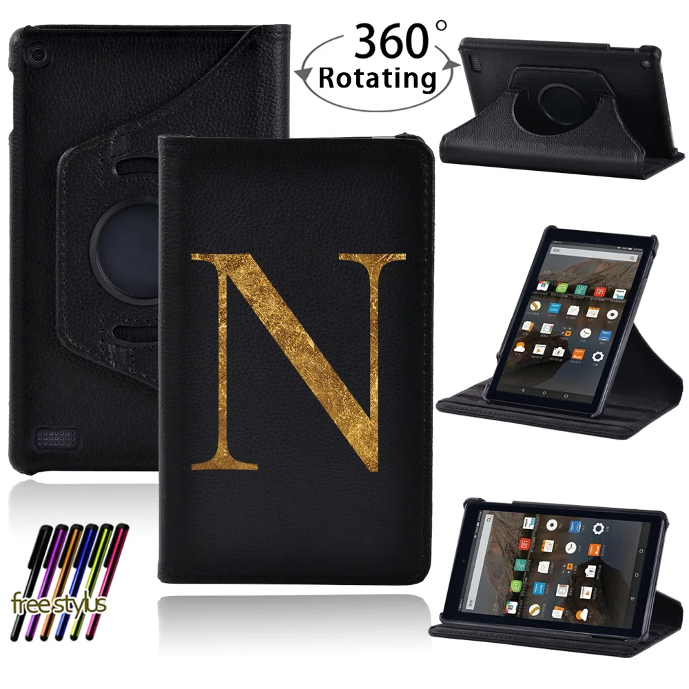 360 Degree Rotation Tablet Case for Fire 7 5th 7th 9th Gen Dust-proof Letter Print PU Leather Stand Protective Cover+Free Stylus