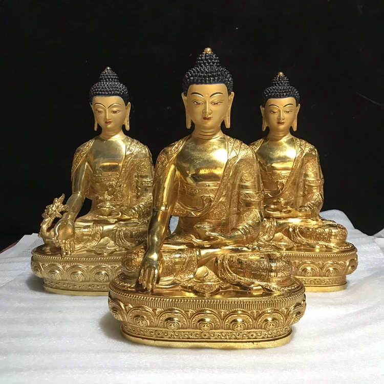 10 inch Xizang Crafts Tibetan Tantric Pure Copper Gilded Medicine Master Buddha Amitabha Buddha Sakyamuni Buddha