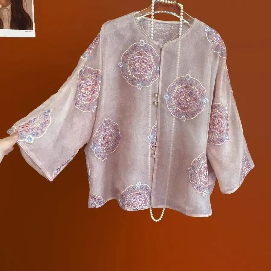 Chinese style high quality embroidery blouse single breasted thin organza shirt for women bead button summer tops