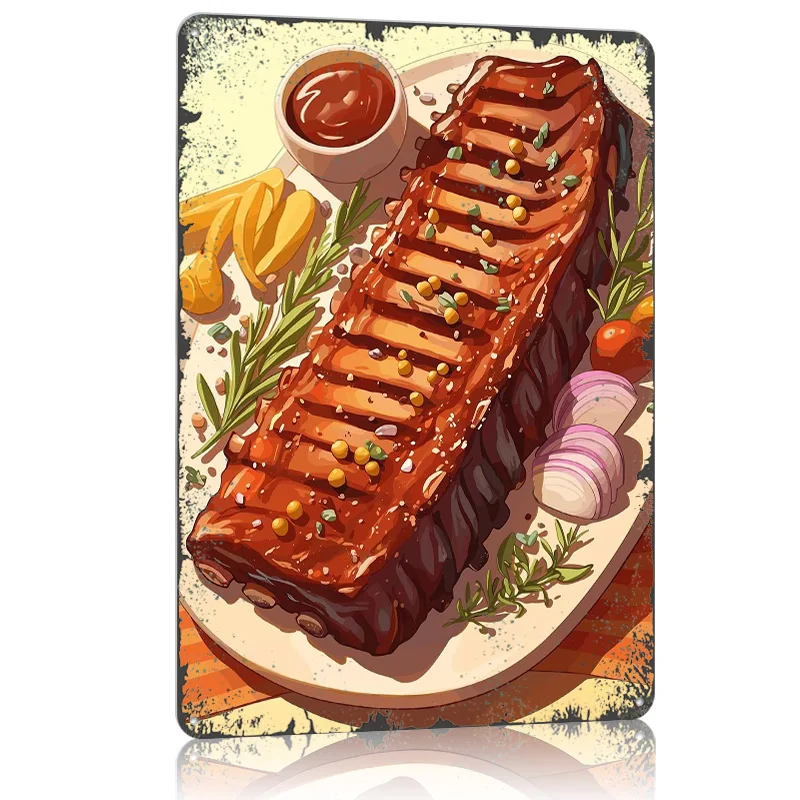 Deliciosos costillas con salsa y lados, cartel de Metal de aluminio para comida, decoración del hogar, carteles de estaño de Metal personalizados para decoración de pared y habitación