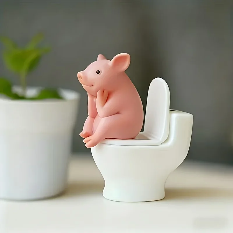 1, pig ornament on cute toilet PVC bathroom decoration, desktop or wall display, home office desktop and living room display, home decoration, bathroom accessories, bathroom decoration, statue ornament