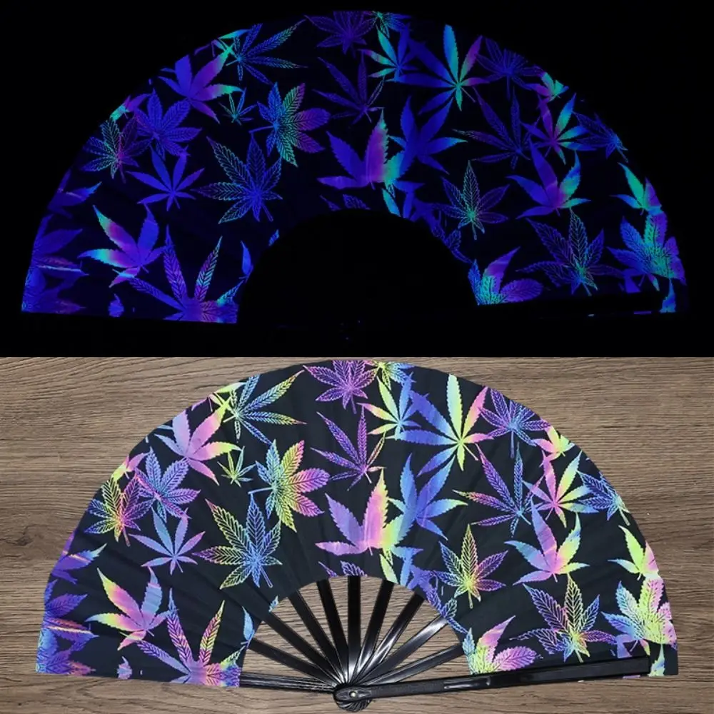 Chinese Style 33cm Rave Hand Fan Fluorescent Folding Kung Fu Fan Reflective Surface UV Glow Popping Fan Dance