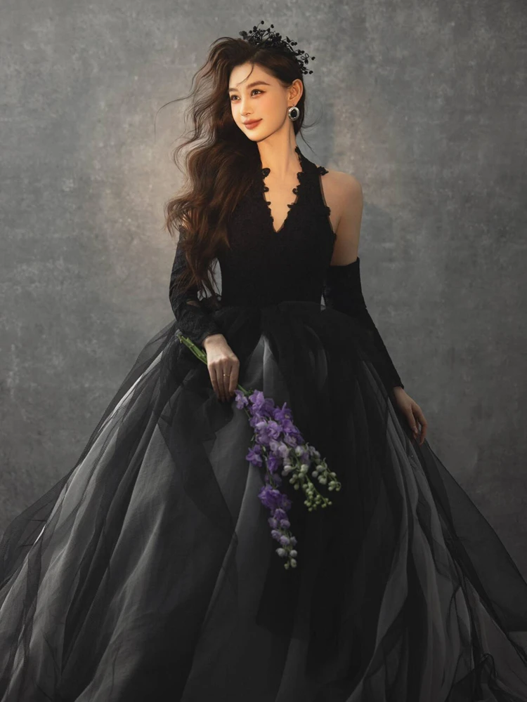 

Новое винтажное свадебное платье в стиле Хепберн 2026 года для фотостудии, минималистичное, черное кружевное, элегантное, уникальное, для небольшой аудитории