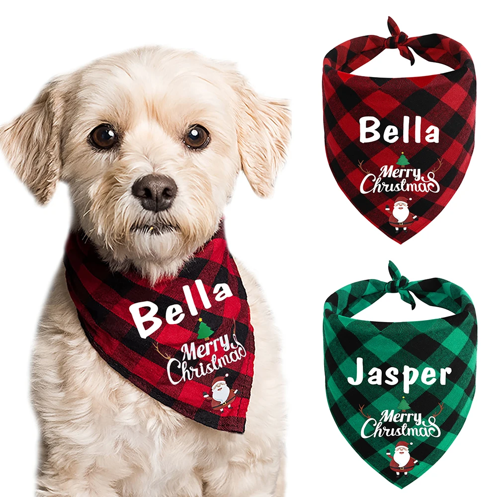 Personalized Dog Bandana Christmas Pet Cartoon Bandanas Soft Pet Plaid Neck Scarf Bibs Free Engrave Name Adjustable for Pitbulls