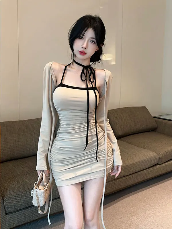 Autumn Winter Color Block Strapless Long Sleeve Dress with Rope Tying Short Style Two Piece Set Women's Fashion Outfit