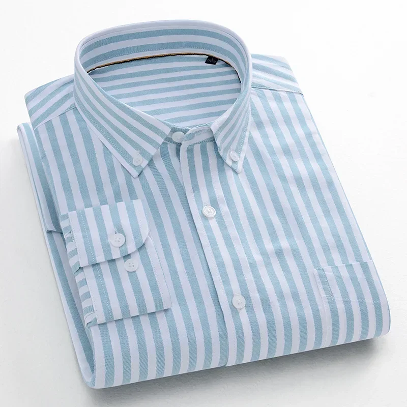 Oxford 100% Cotton Striped Long Sleeve Shirts for Man Slim Fit Casual Plian Shirt Trends Designer Tops Clothes