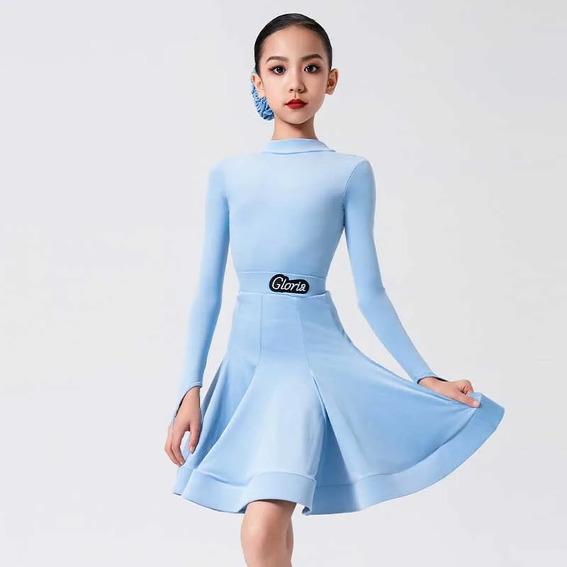 

Latin Dance Competition Costume Girls Cha Cha Stage Suit Kids Rumba Clothing Dancer Practice Clothes Tops Skirt Blue Pink 1619