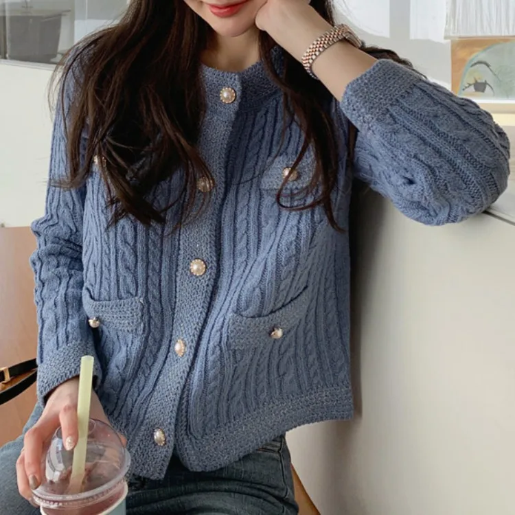 Pearl Buckle Small Sweater Outerwear Women Autumn and Winter Outer Wear Cardigan Black Short Knit Thickened All-Matching Top