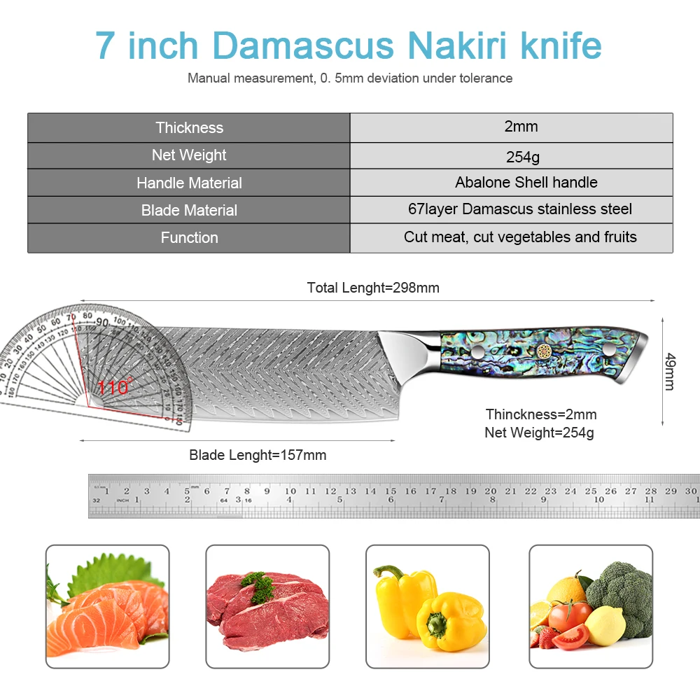 7 Inch Nakiri Knife Damascus Steel Vegetable Slicing Knife Professional Kitchen Cooking Chef Knife Abalone Shell Acrylic Handle