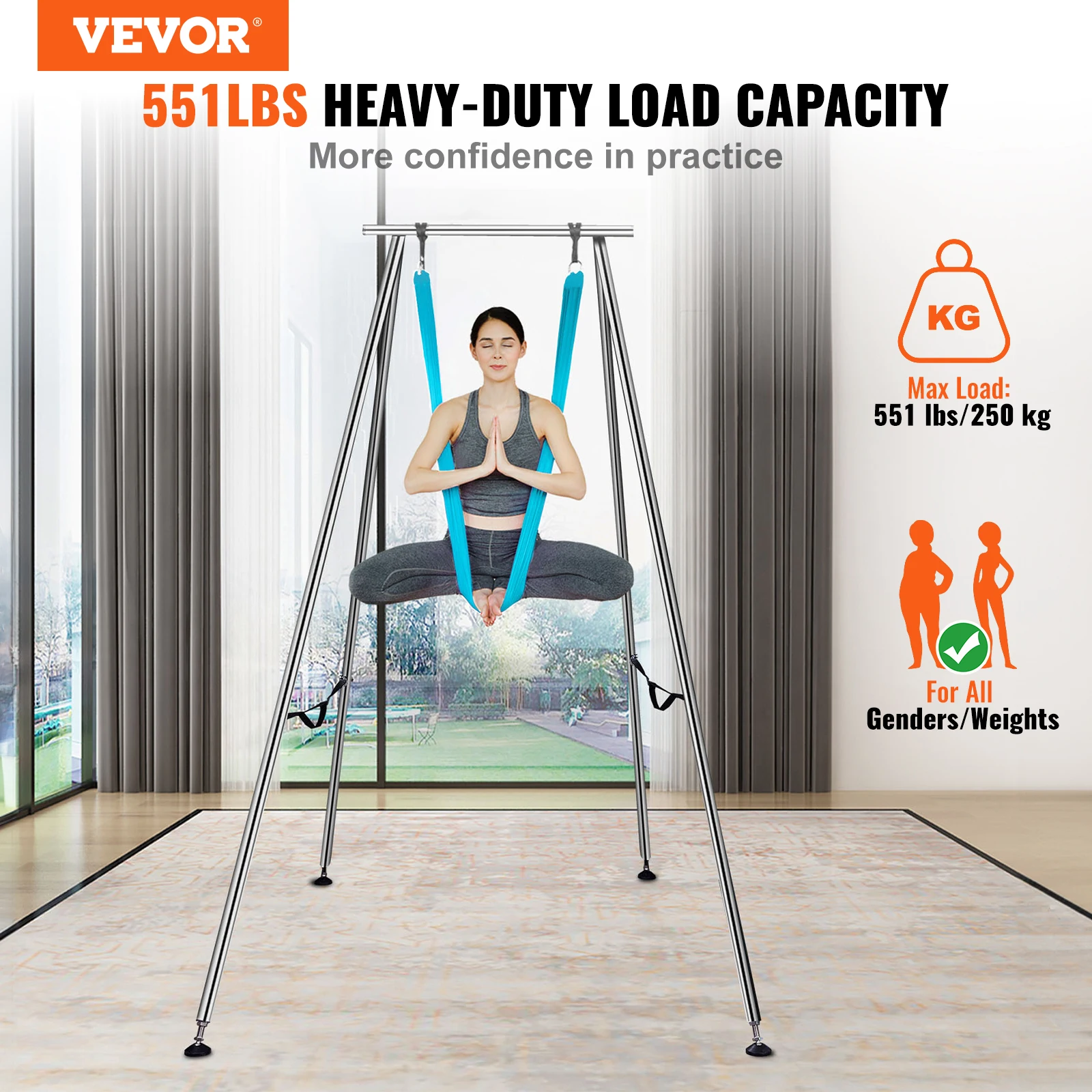 Vevor Aerial Yoga Frame & Hangmat 9.67 Ft Yoga Swing Stand Met 13.1 Meter Luchthangmat Max 551lbs Yoga Rig Voor Indoor Outdoor