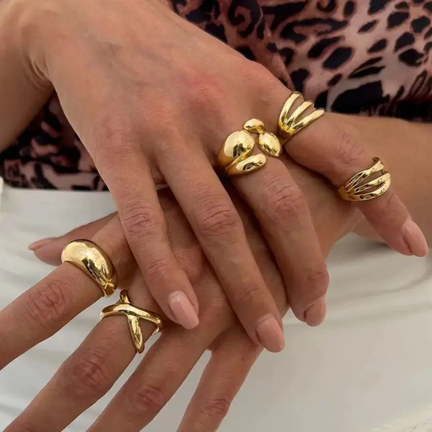 KunJoe 5Pcs Trendy Geometric Smooth Wide Gold Color Open Ring Set for Women Hip Hop X-Shaped Water Drop Adjustable Knuckle Ring